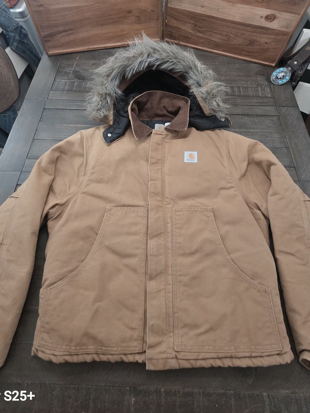 Carhartt Men’s Brown Hooded Duck Canvas Puffer with Faux Fur Trim
